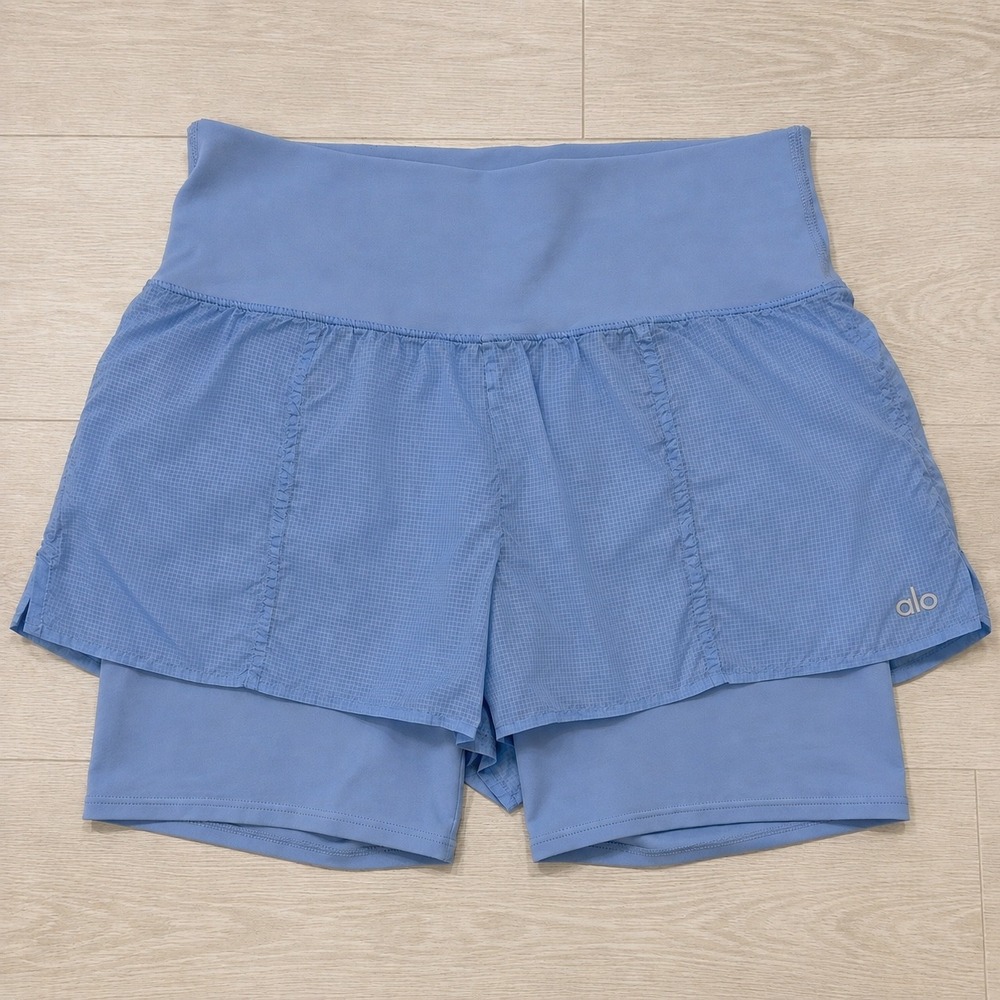 Alo Yoga Women's M Blue High Waist 2-in-1 Grid Mesh Running Shorts